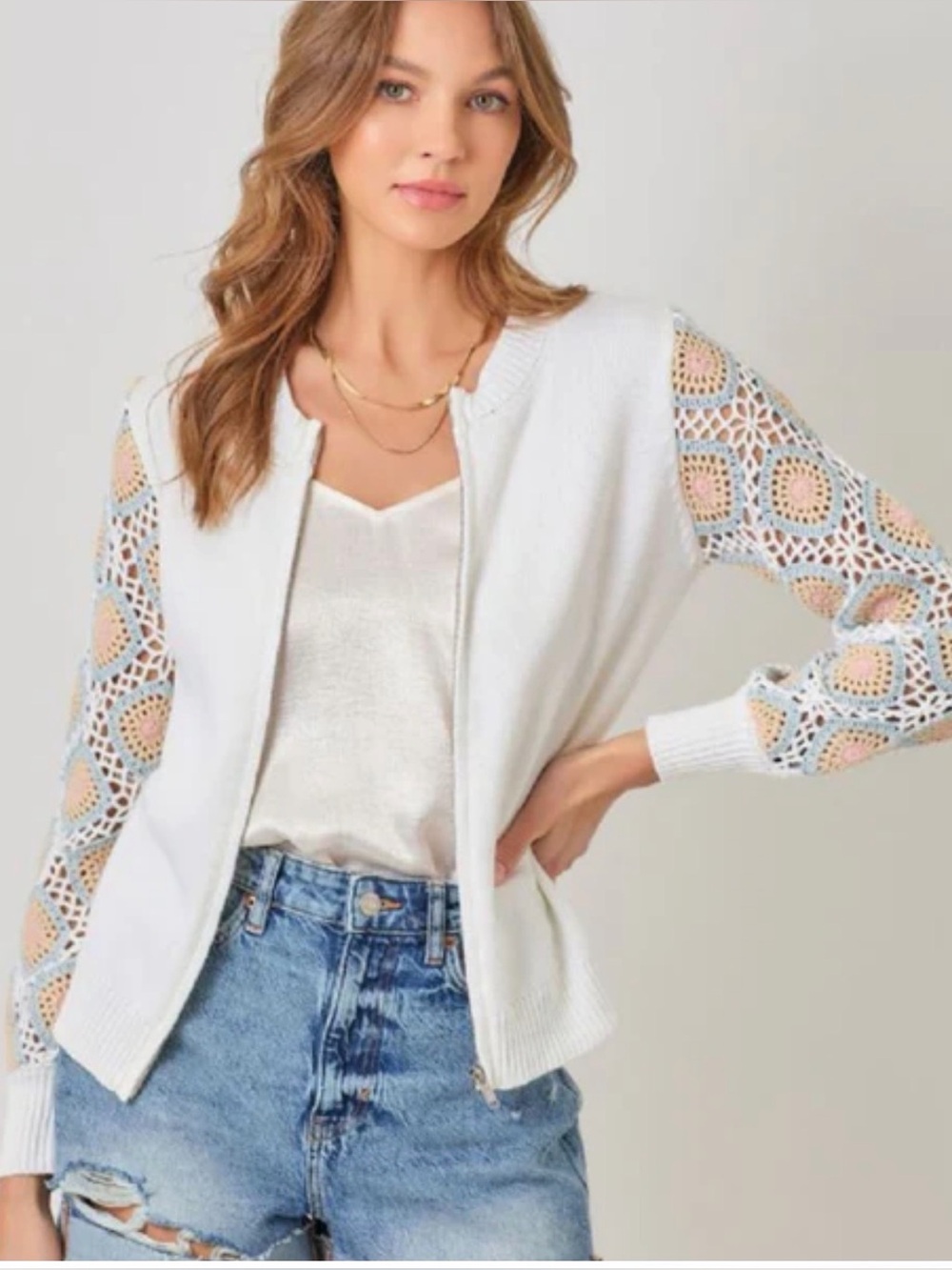 Mystree Crochet Sleeve Zip Up Cardigan Sweater Size Small